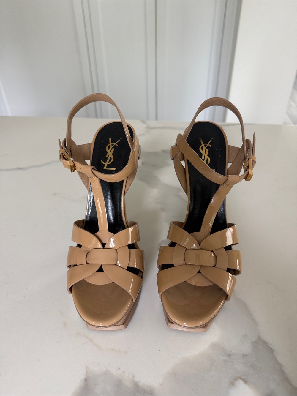 Saint Laurent Beige Patent Leather Knot-Front Sandals